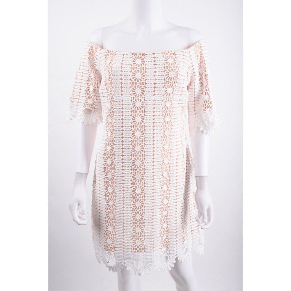 Just Me Womens Off The Shoulder Dress L White Tan Crochet Floral knee length